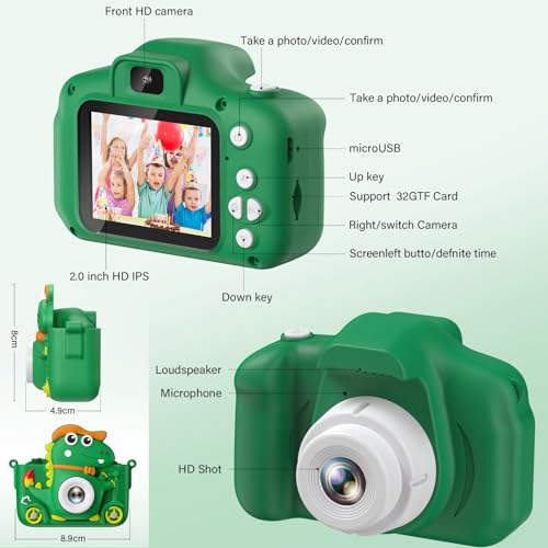 Macchina Fotografica Bambini Dinosauro verde, 1080P HD Selfie - 32G