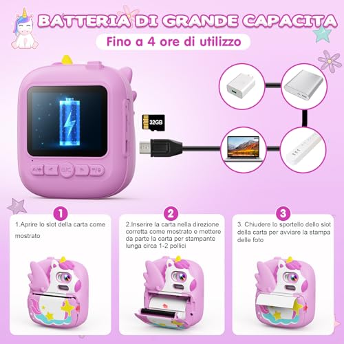 Macchina Fotografica per Bambini con stampa Istantanea, dai 3-12 Anni - CAMCLID