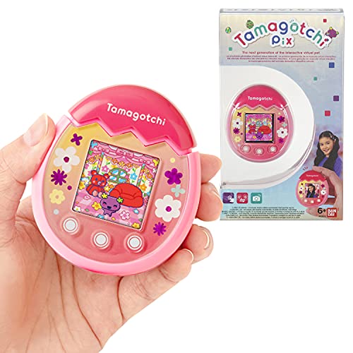 Tamagotchi PIX Floral rosa, animale elettronico virtuale con schermo a colori, tasti tattili giochi e fotocamera - Bandai 42911