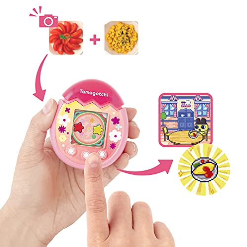 Tamagotchi PIX Floral rosa, animale elettronico virtuale con schermo a colori, tasti tattili giochi e fotocamera - Bandai 42911