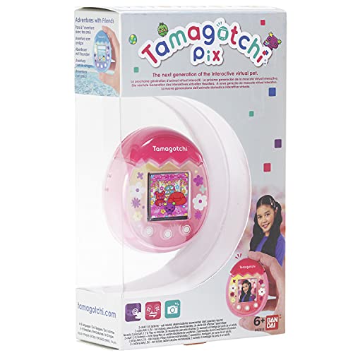 Tamagotchi PIX Floral rosa, animale elettronico virtuale con schermo a colori, tasti tattili giochi e fotocamera - Bandai 42911