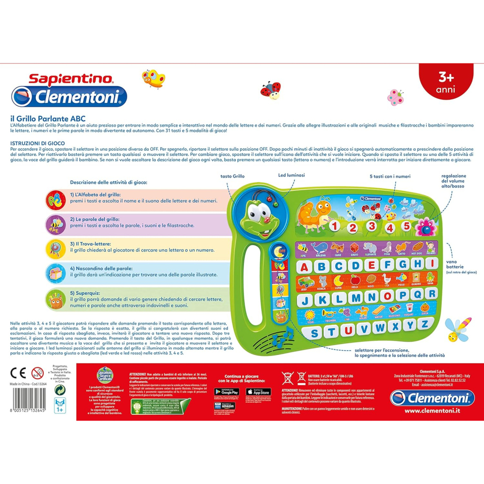Clementoni Sapientino Alfabetiere Grillo ABC – Gioco Educativo Parlante dai 3 Anni