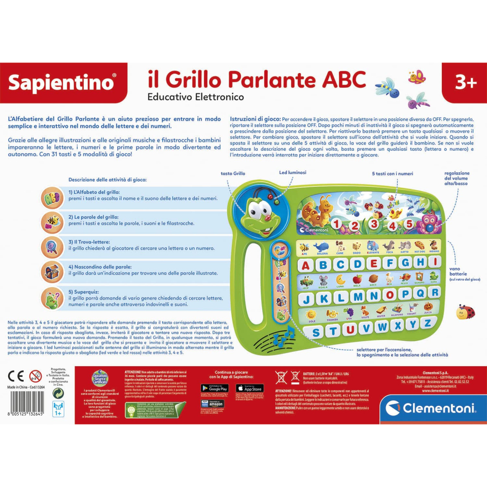 Clementoni Sapientino Alfabetiere Grillo ABC – Gioco Educativo Parlante dai 3 Anni