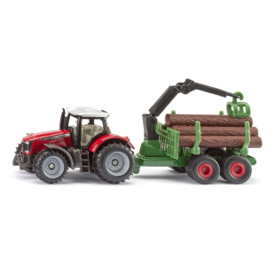 Siku trattore Massey Ferguson con rimorchio forestale e gru