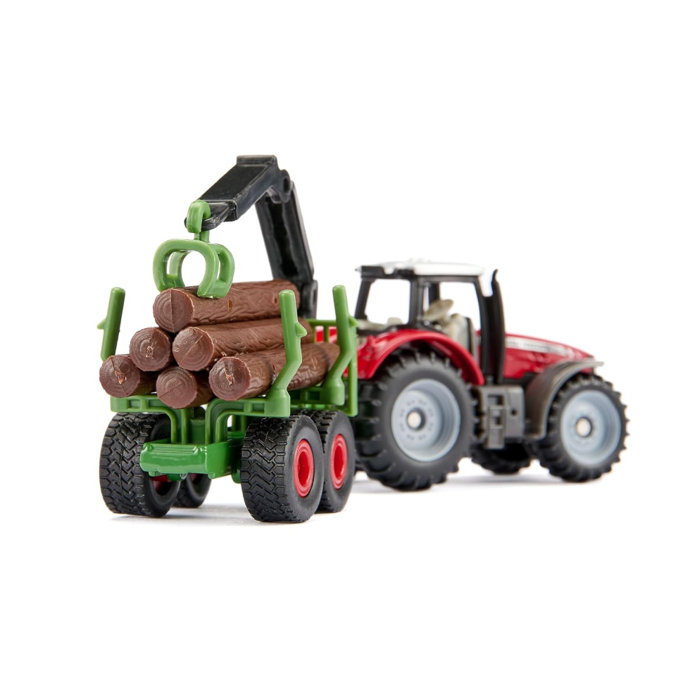 Siku trattore Massey Ferguson con rimorchio forestale e gru