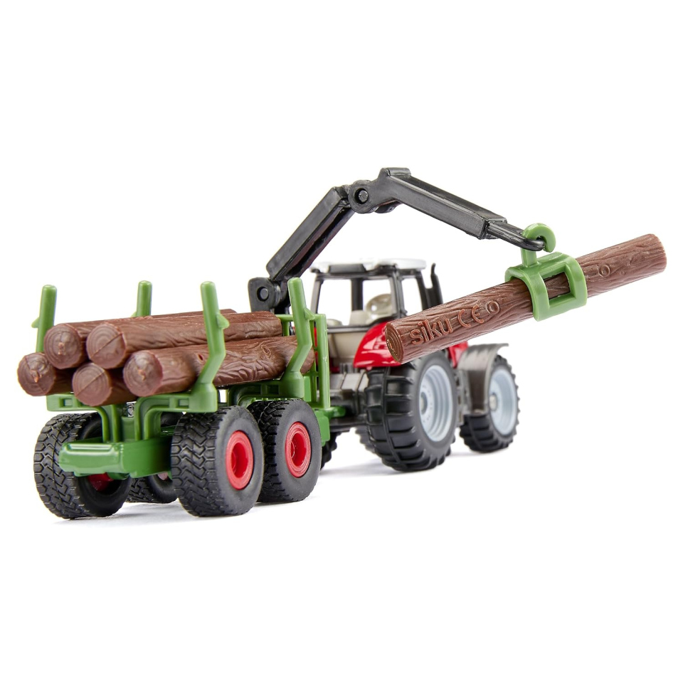 Siku trattore Massey Ferguson con rimorchio forestale e gru