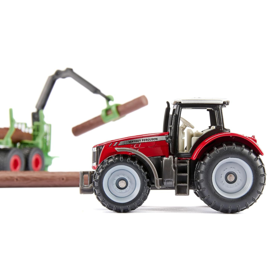 Siku trattore Massey Ferguson con rimorchio forestale e gru