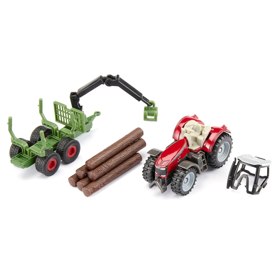 Siku trattore Massey Ferguson con rimorchio forestale e gru