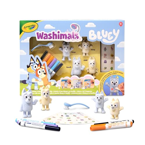Crayola Washimals Bluey, Set di Attività con Adesivi e 4 cuccioli, 6 Pennarelli Lavabili – Gioco creativo per Bambini da 3 anni in su – 74-0253