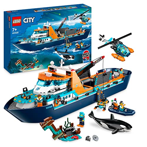 LEGO 60368 City Esploratore Artico, Nave Giocattolo Galleggiante con Elicottero